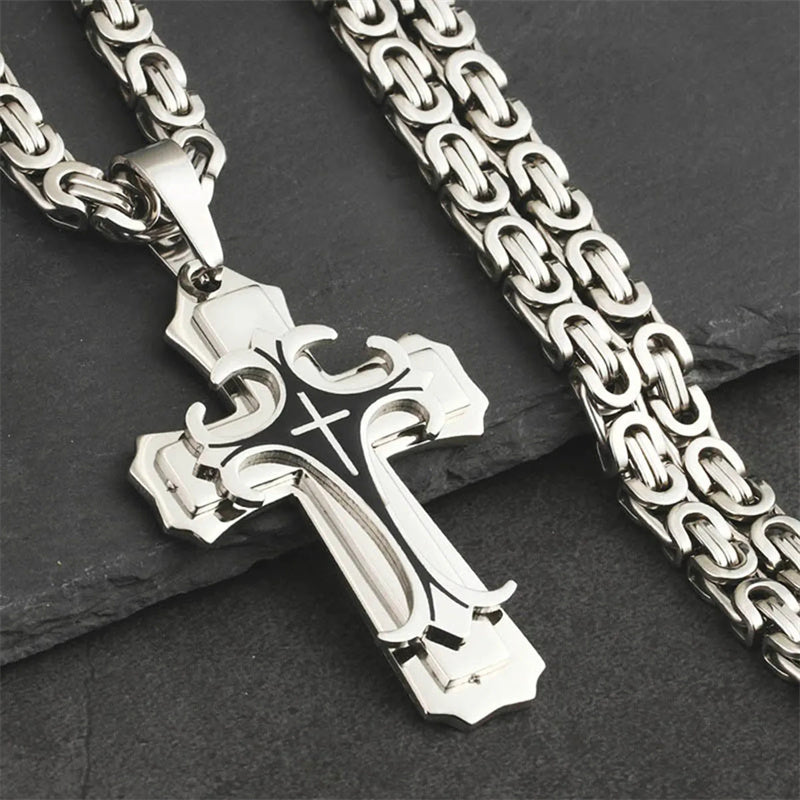 Men Jewelry Christian Trinity Latin Cross Necklace  Stainless Steel Three Layers Cross Pendants Necklaces Jewelry Gift