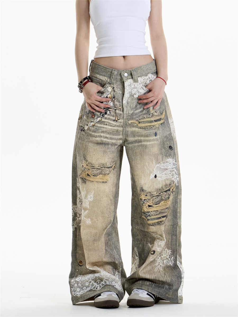 Cross Printed Jeans Women's Wide-leg Heavy Industry Pants