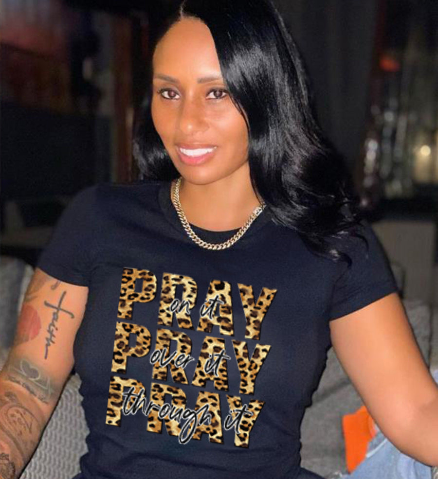 Leopard Print Blessing Letter Print Casual Short Sleeve T-shirt