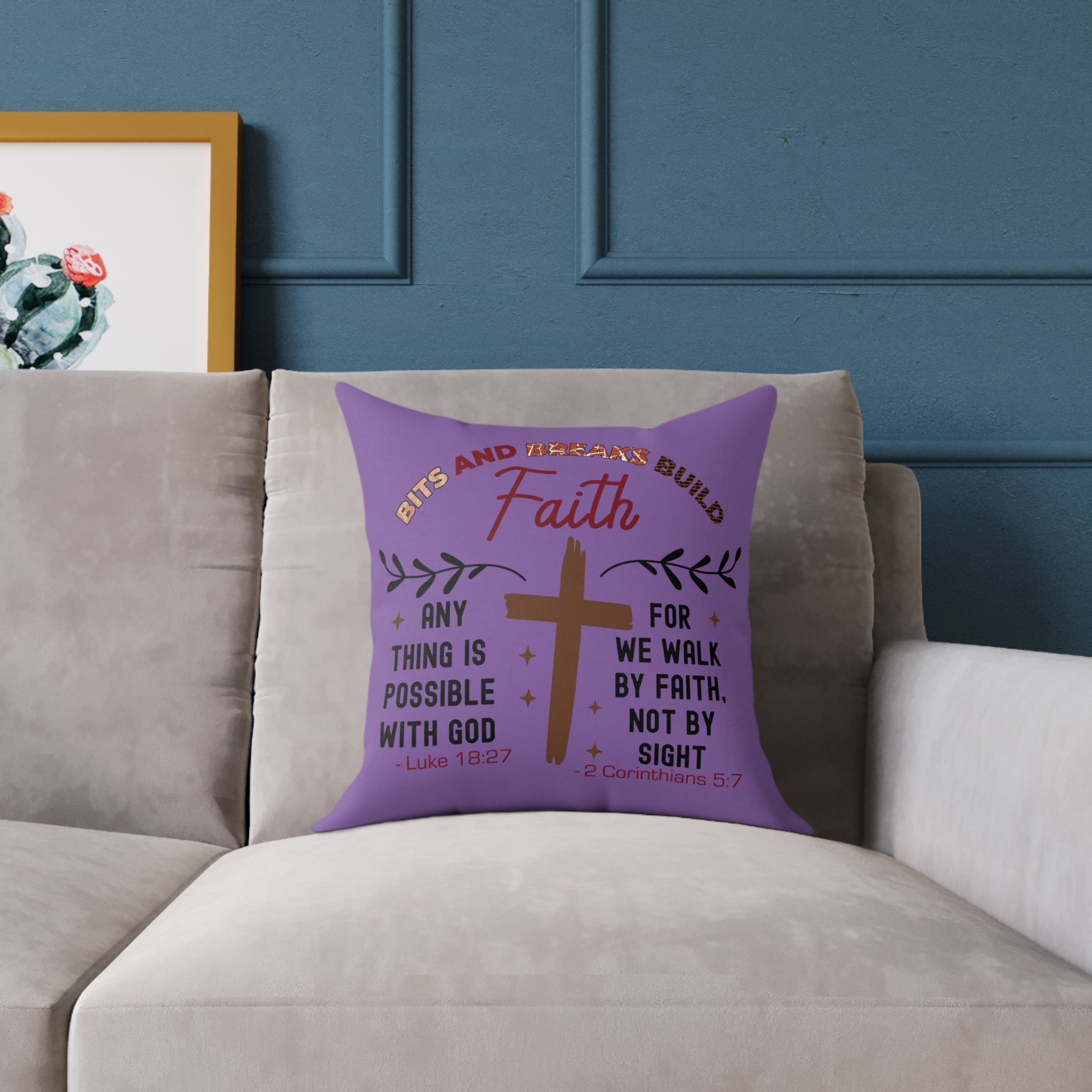 Christian Cross Scripture Throw Pillow — 2 Corinthians 5:7 & Luke 18:27 (16" x 16")