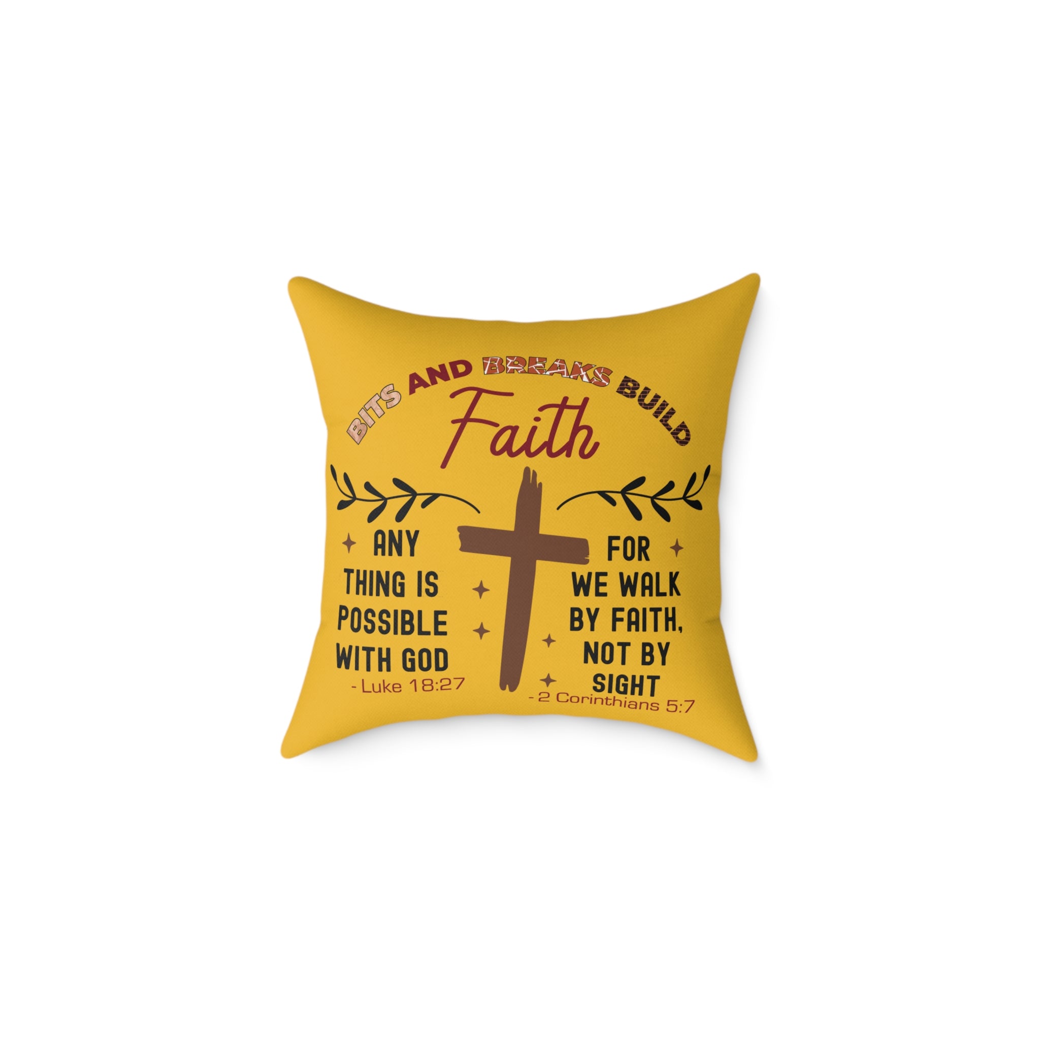 Christian Cross Scripture Yellow Throw Pillow — 2 Corinthians 5:7 & Luke 18:27