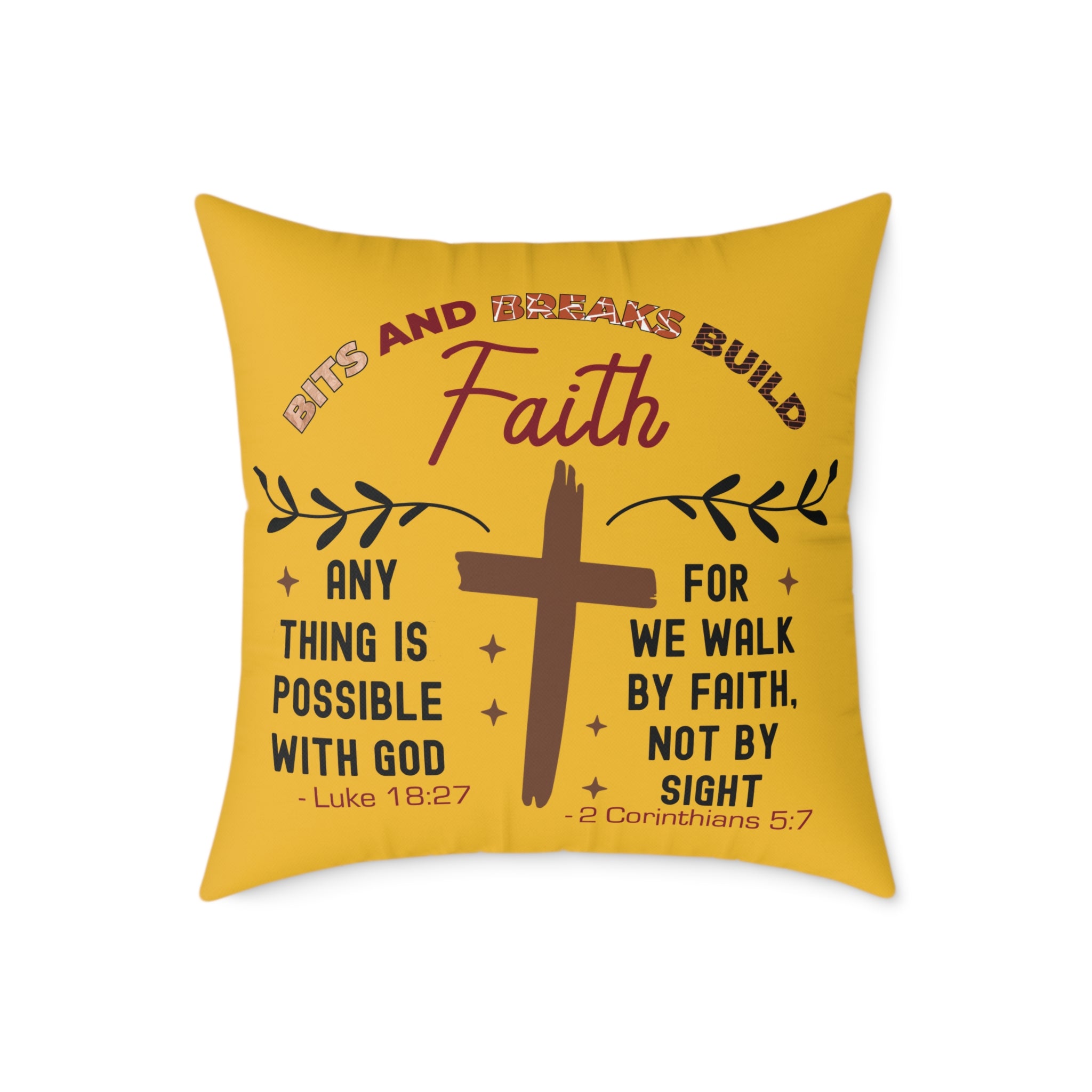 Christian Cross Scripture Yellow Throw Pillow — 2 Corinthians 5:7 & Luke 18:27