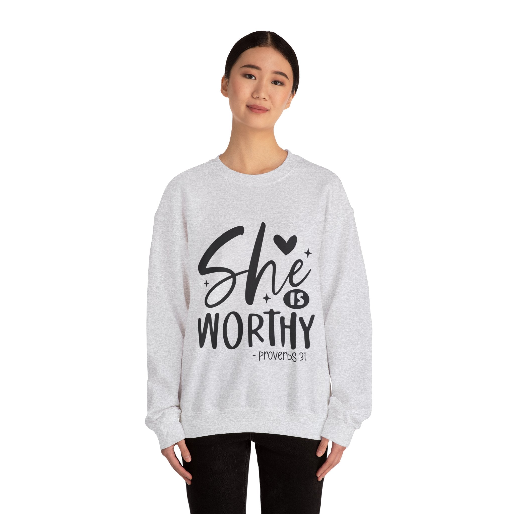 She is Worthy Proverbs Sweatshirt Unisex Curved Neck Fleece Crewneck Long Sleeve