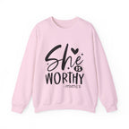 She is Worthy Proverbs Sweatshirt Unisex Curved Neck Fleece Crewneck Long Sleeve