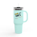 40oz Insulated Travel Mug – "God Sees, Cures, and Loves" Inspirational Tumbler