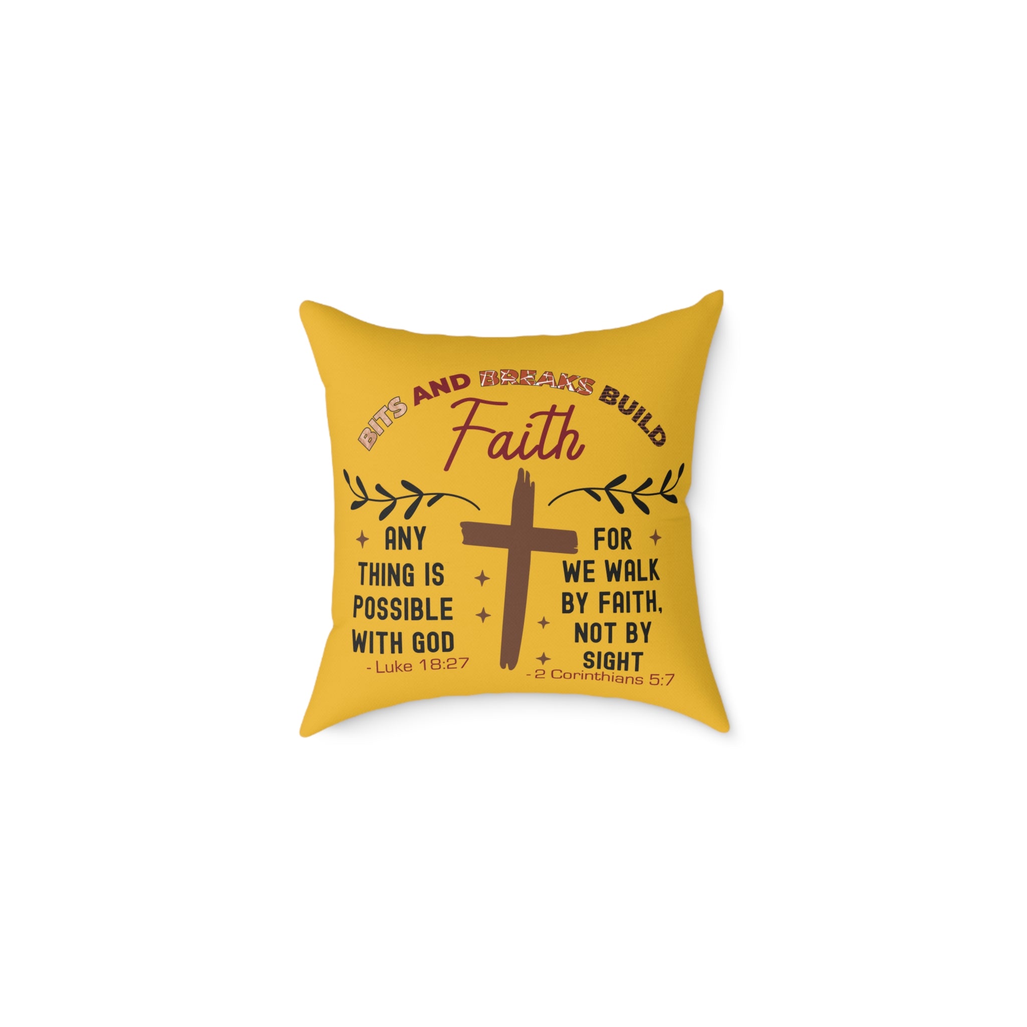 Christian Cross Scripture Yellow Throw Pillow — 2 Corinthians 5:7 & Luke 18:27