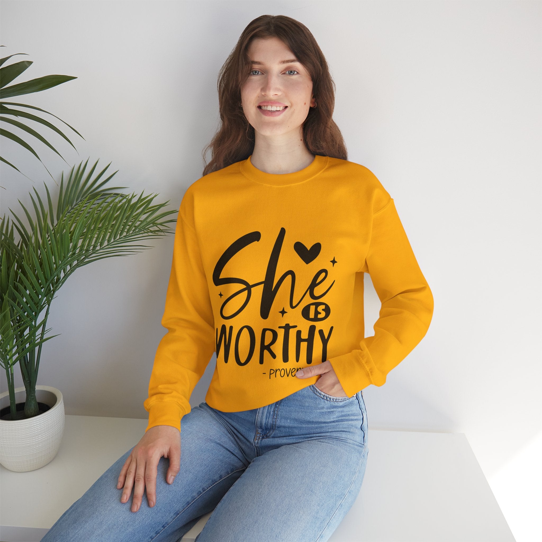 She is Worthy Proverbs Sweatshirt Unisex Curved Neck Fleece Crewneck Long Sleeve