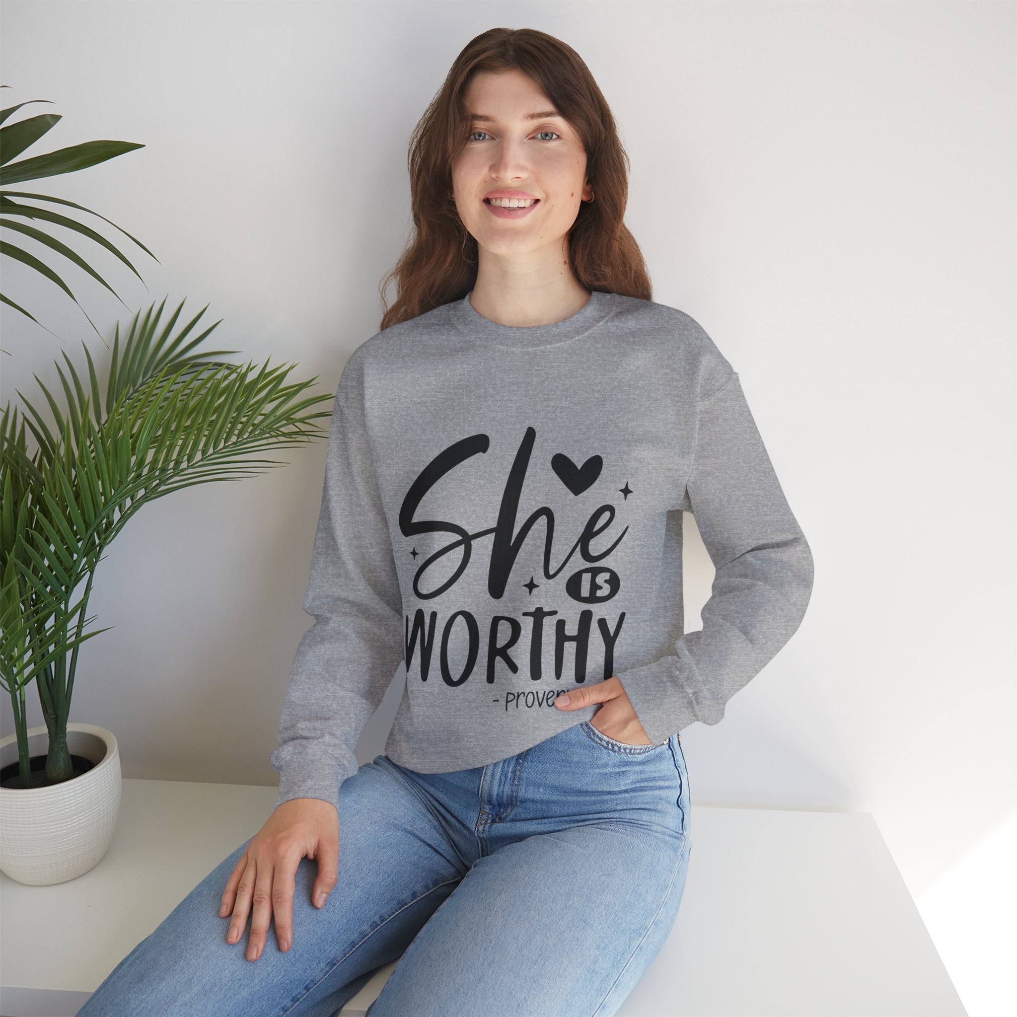She is Worthy Proverbs Sweatshirt Unisex Curved Neck Fleece Crewneck Long Sleeve