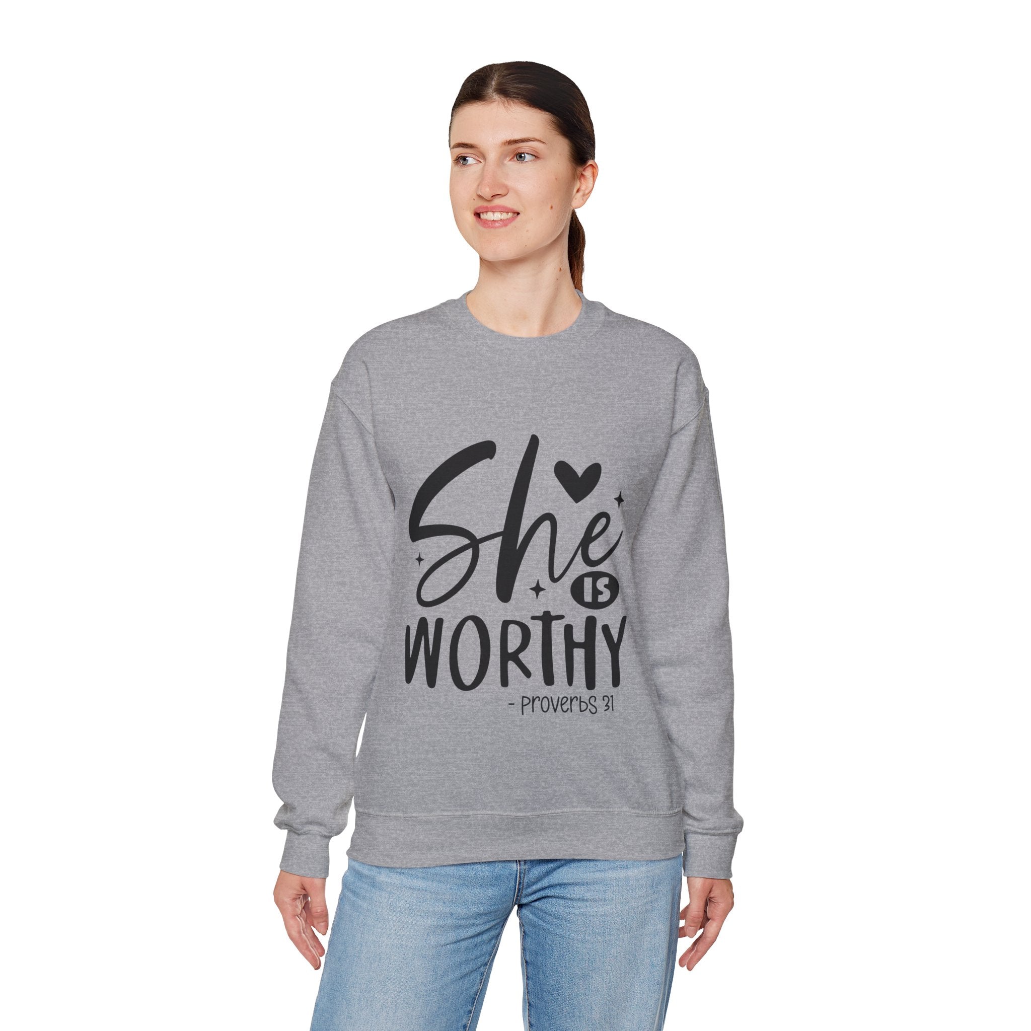 She is Worthy Proverbs Sweatshirt Unisex Curved Neck Fleece Crewneck Long Sleeve