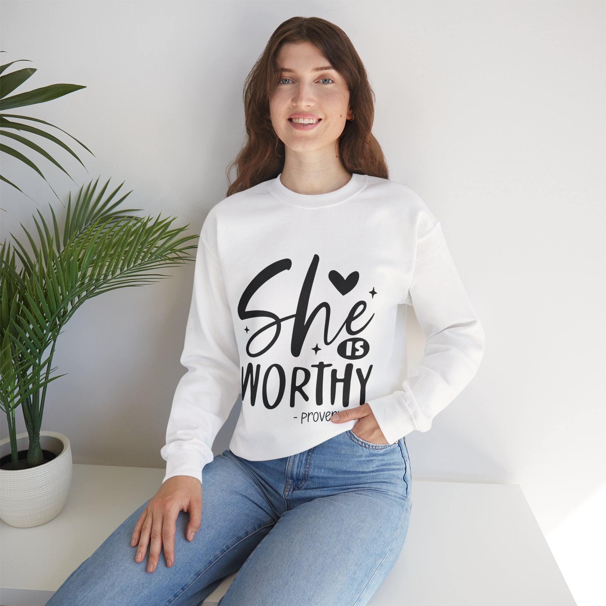 She is Worthy Proverbs Sweatshirt Unisex Curved Neck Fleece Crewneck Long Sleeve