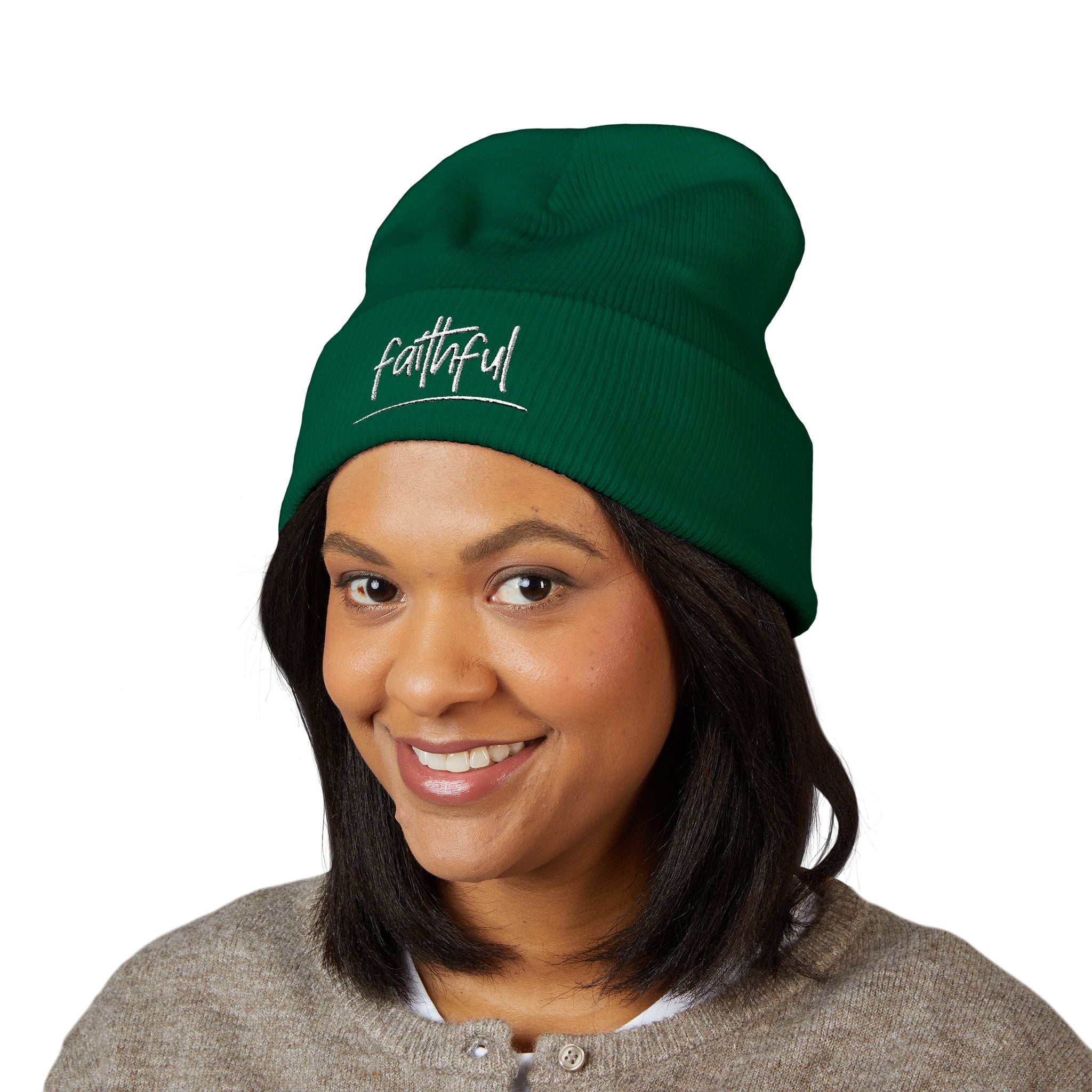 Embroidered Faithful Cuffed Beanie - Warm Knit Winter Hat