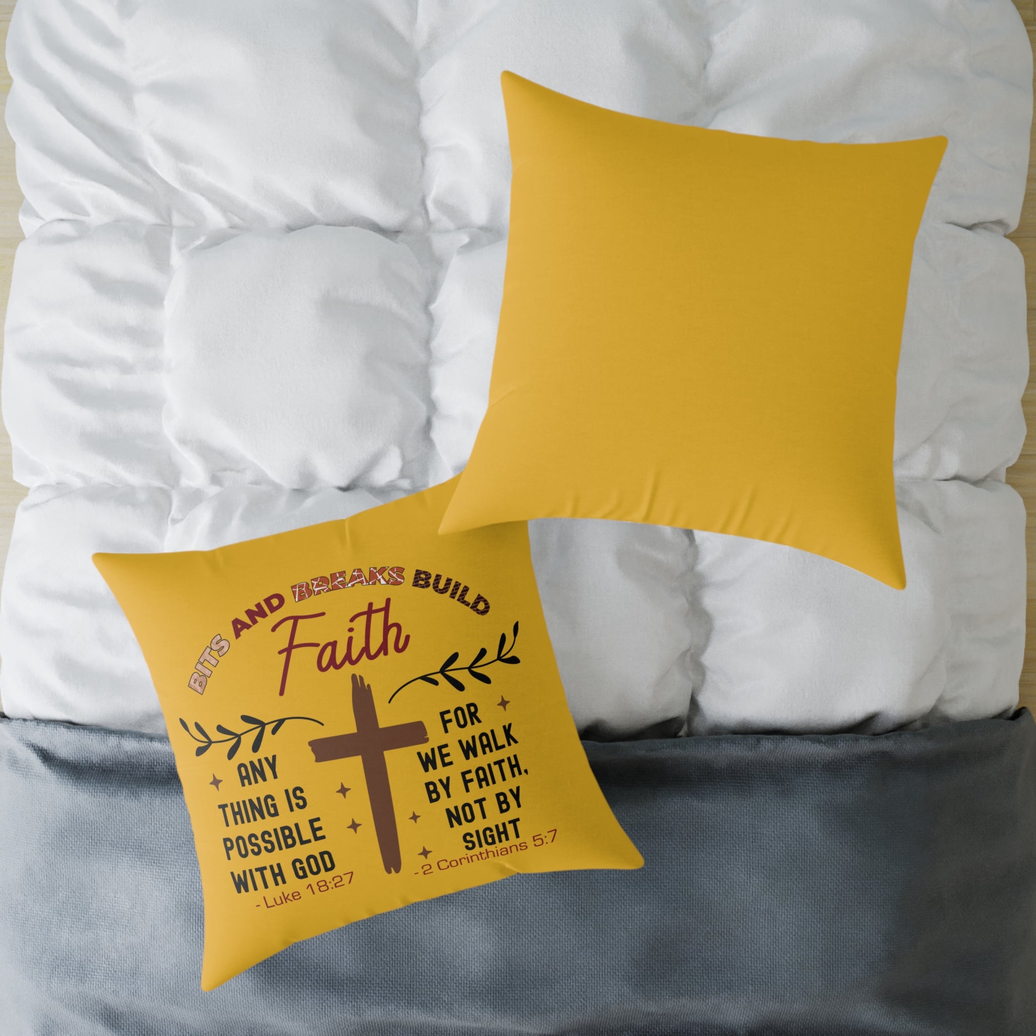 Christian Cross Scripture Yellow Throw Pillow — 2 Corinthians 5:7 & Luke 18:27