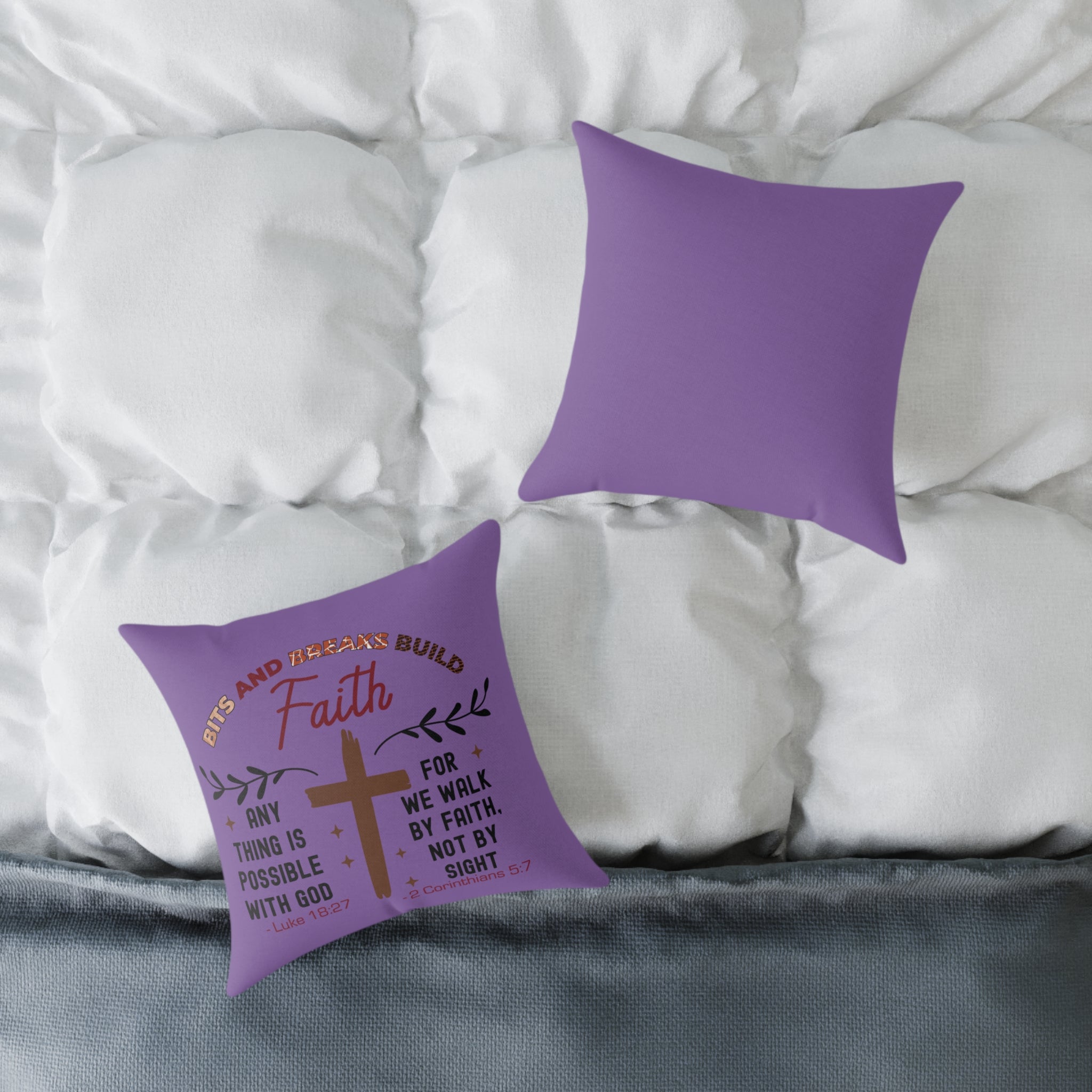 Christian Cross Scripture Throw Pillow — 2 Corinthians 5:7 & Luke 18:27 (16" x 16")