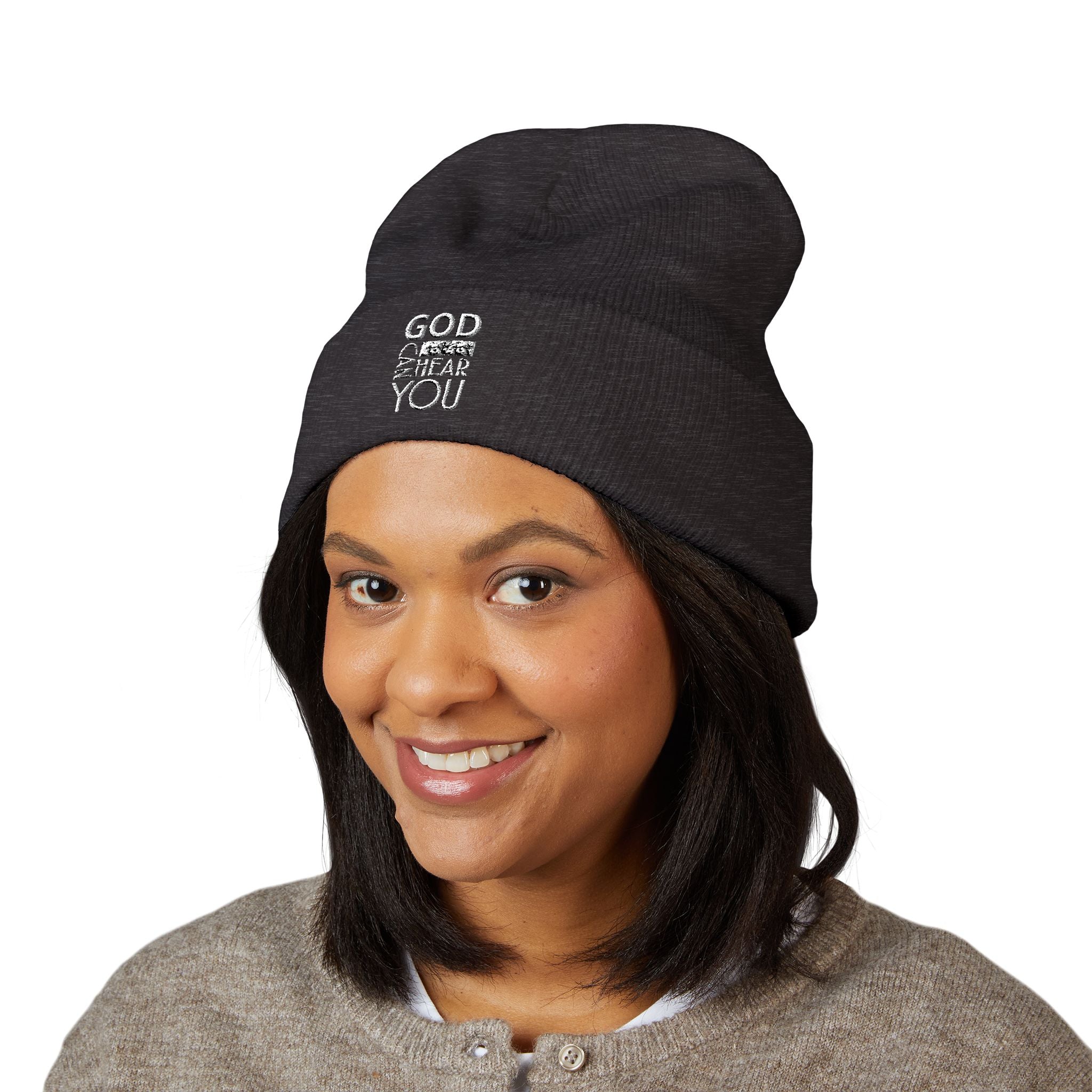Embroidered  God Hears Cuffed Beanie - Knitted  Cap Warm Knit Winter Hat