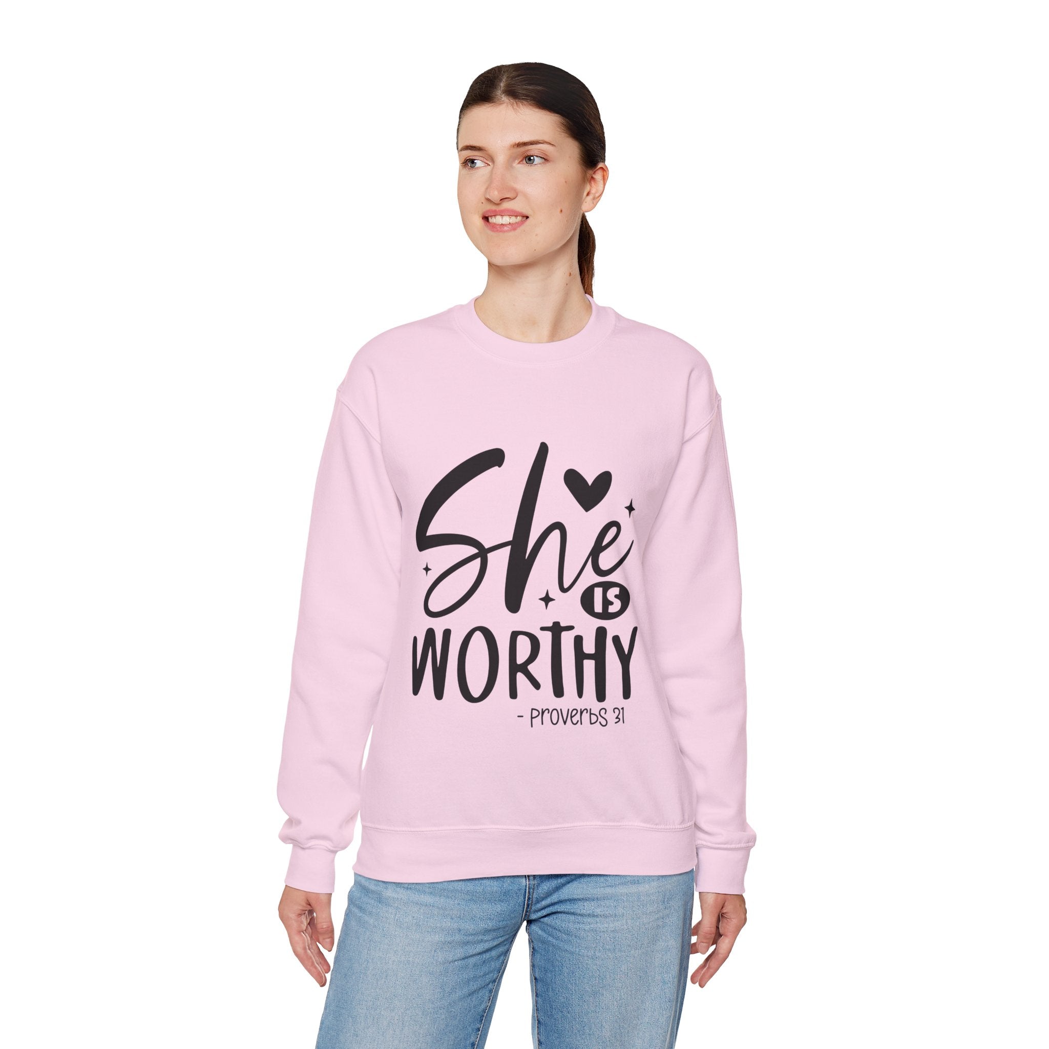 She is Worthy Proverbs Sweatshirt Unisex Curved Neck Fleece Crewneck Long Sleeve