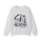 She is Worthy Proverbs Sweatshirt Unisex Curved Neck Fleece Crewneck Long Sleeve