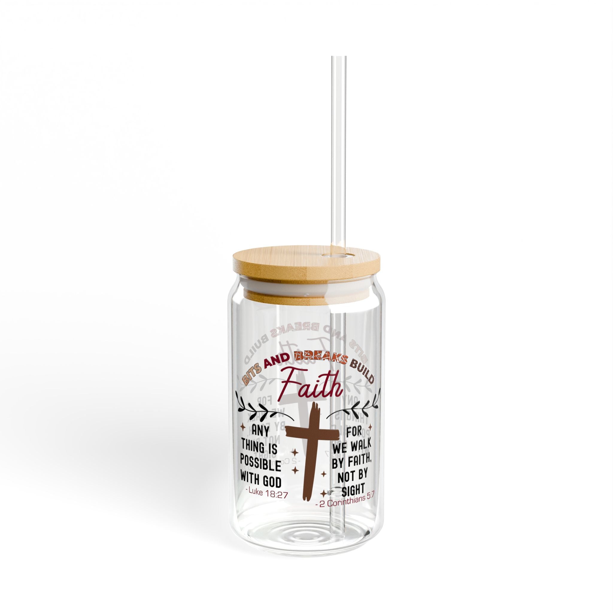 Faith-Inspired Sipper 3pcs  Drinking Glass with Straw and Bamboo Lid - 16oz