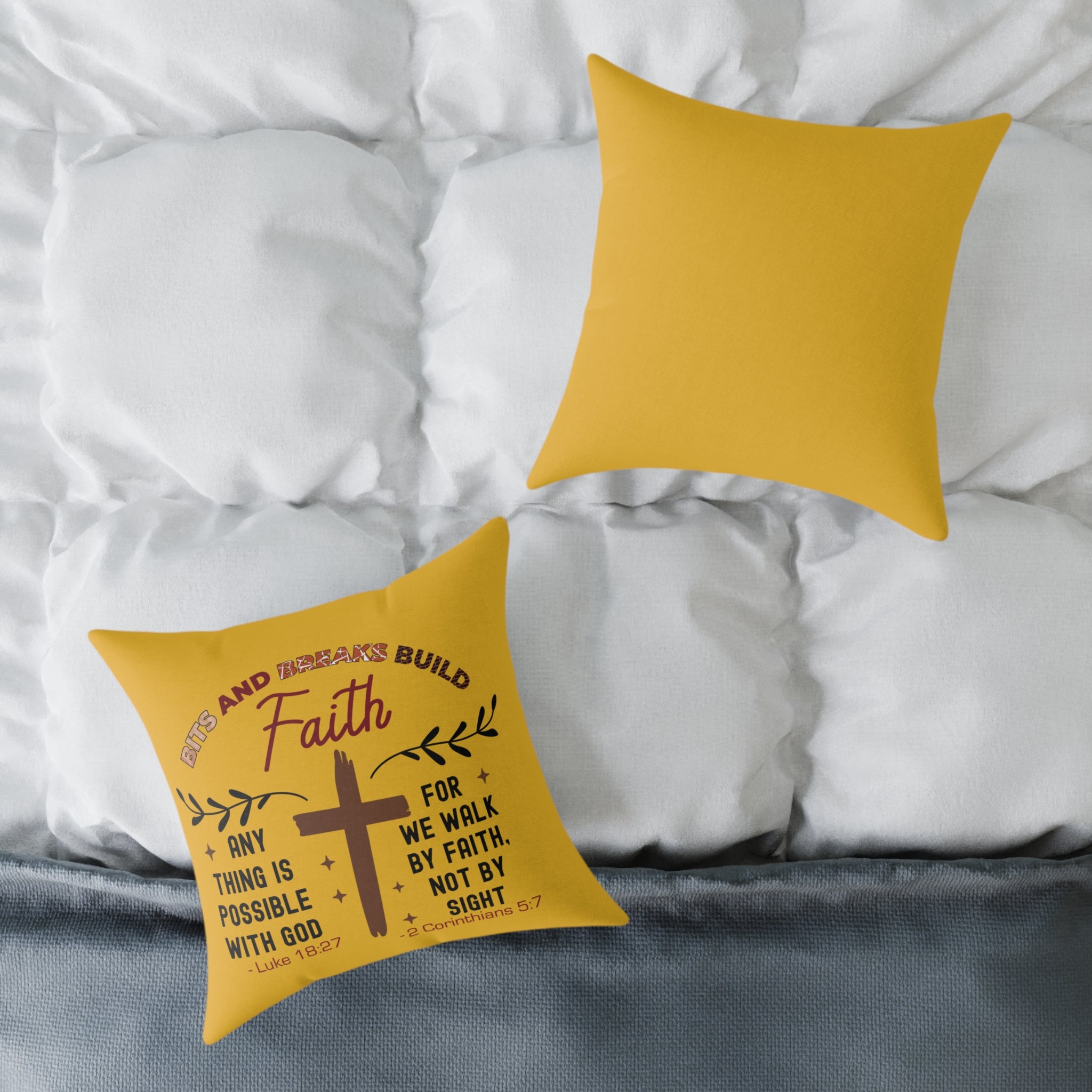 Christian Cross Scripture Yellow Throw Pillow — 2 Corinthians 5:7 & Luke 18:27