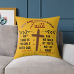 Christian Cross Scripture Yellow Throw Pillow — 2 Corinthians 5:7 & Luke 18:27