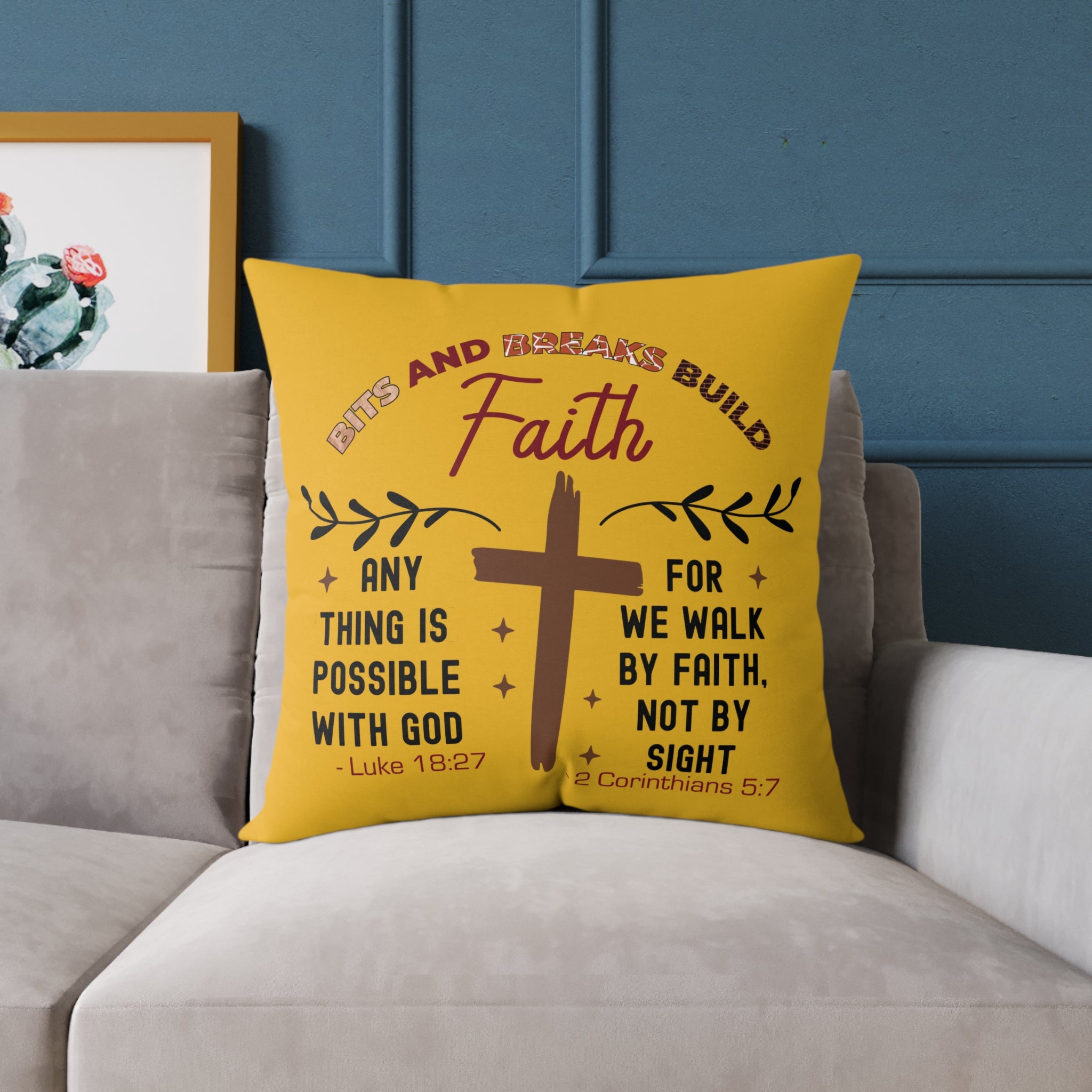 Christian Cross Scripture Yellow Throw Pillow — 2 Corinthians 5:7 & Luke 18:27