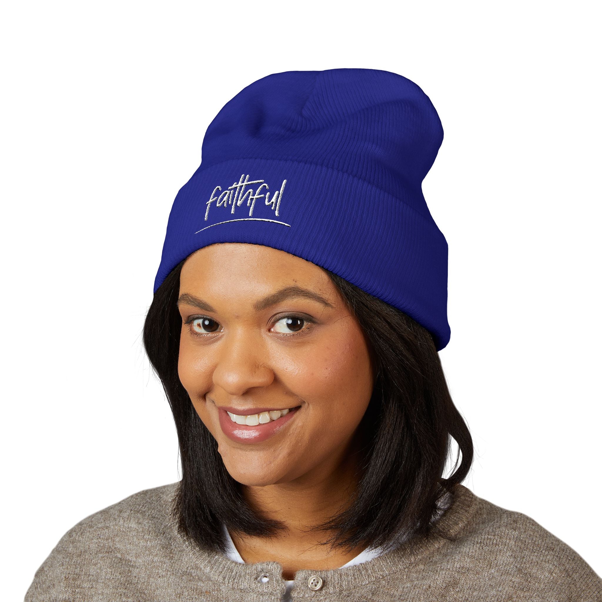 Embroidered Faithful Cuffed Beanie - Warm Knit Winter Hat