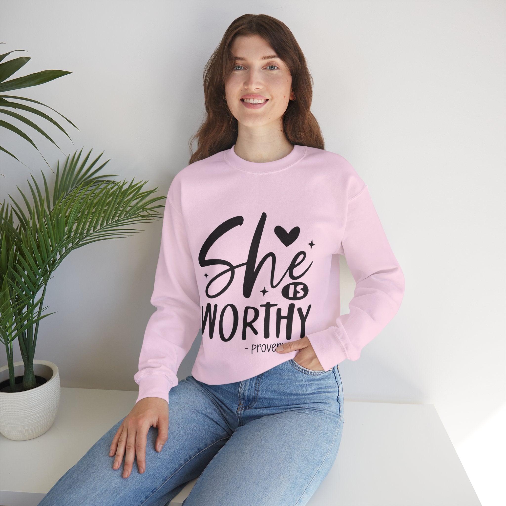 She is Worthy Proverbs Sweatshirt Unisex Curved Neck Fleece Crewneck Long Sleeve