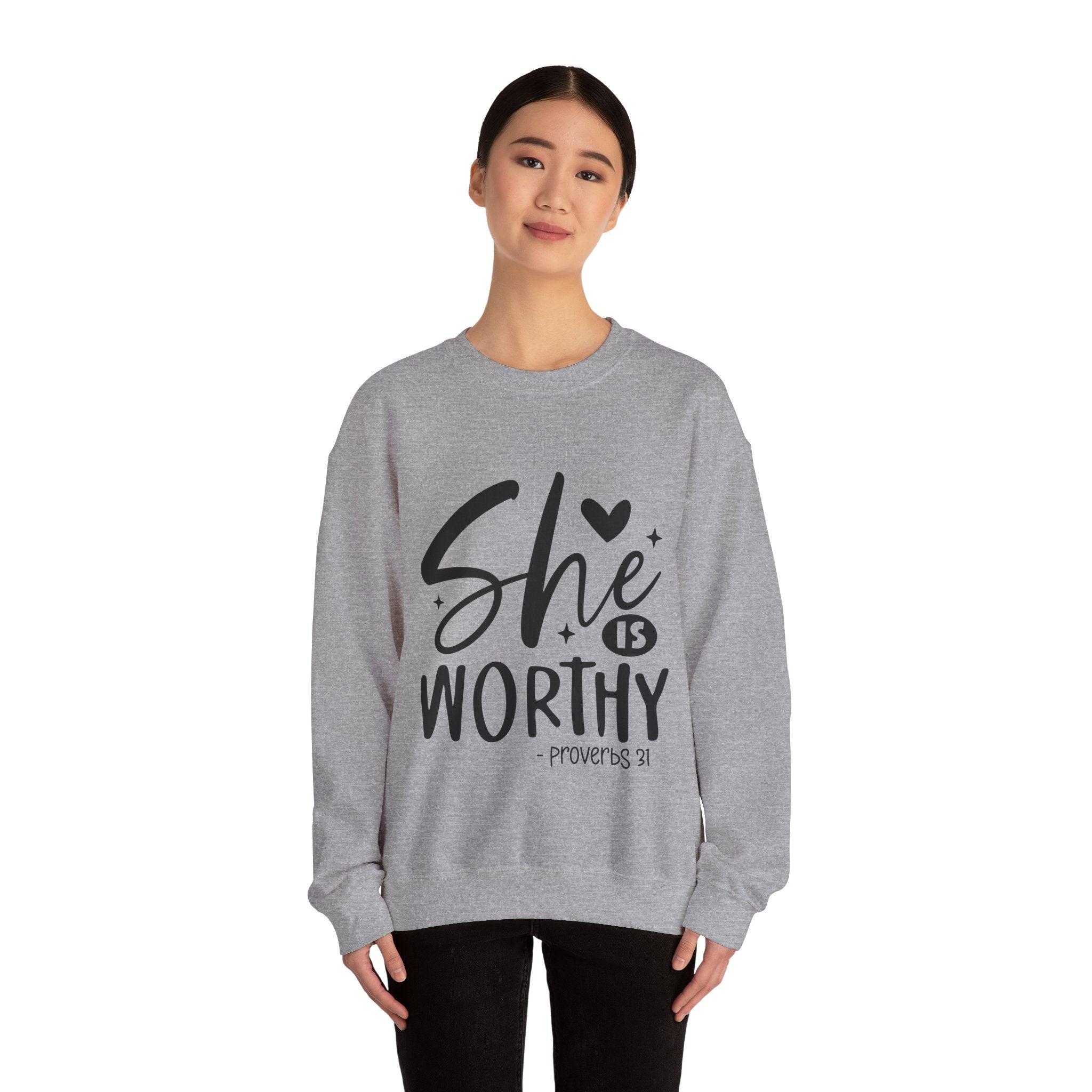She is Worthy Proverbs Sweatshirt Unisex Curved Neck Fleece Crewneck Long Sleeve