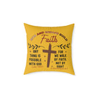 Christian Cross Scripture Yellow Throw Pillow — 2 Corinthians 5:7 & Luke 18:27