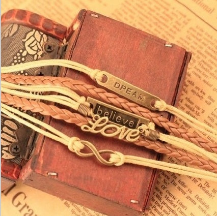 Handmade Love Dream 8 Word Faith Bracelet Bright Leather Rope Multi-Layer