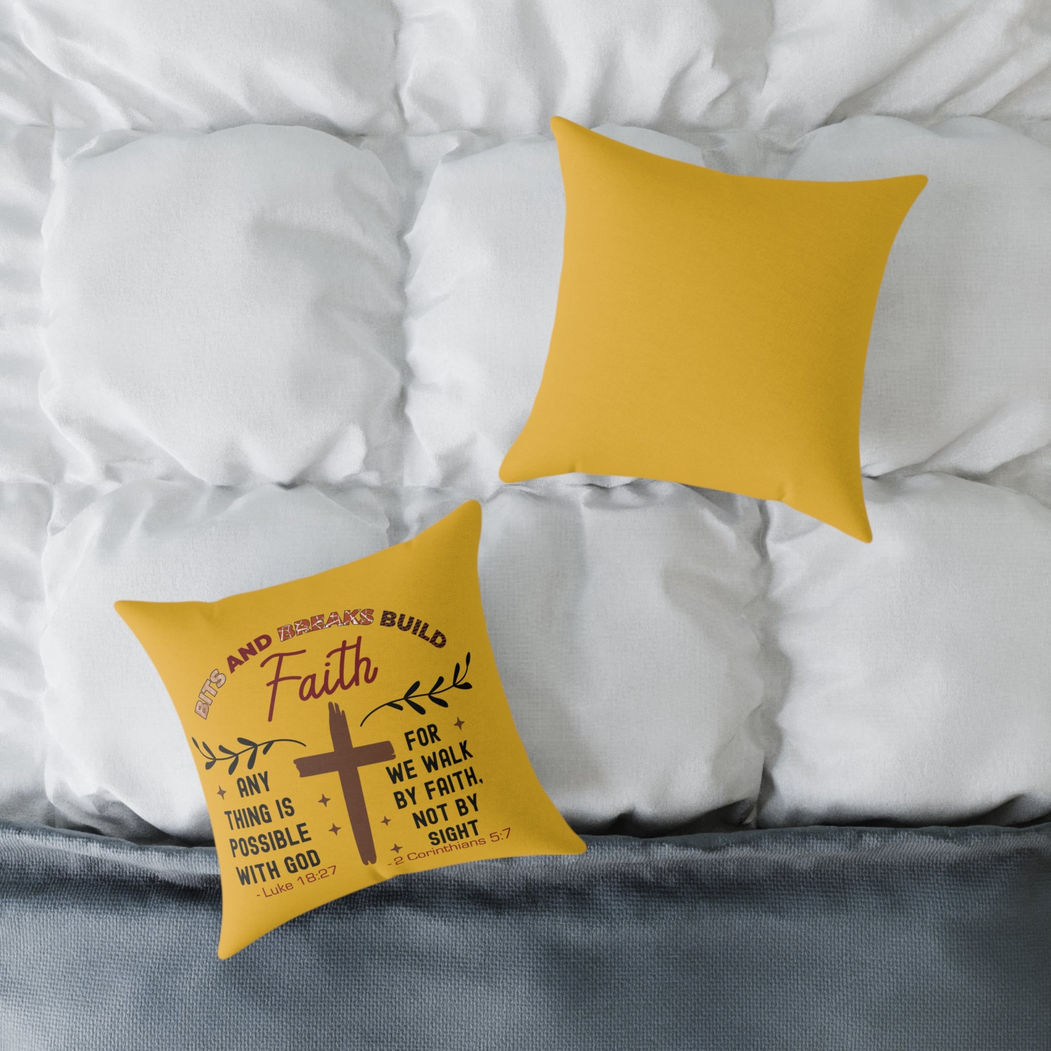 Christian Cross Scripture Yellow Throw Pillow — 2 Corinthians 5:7 & Luke 18:27