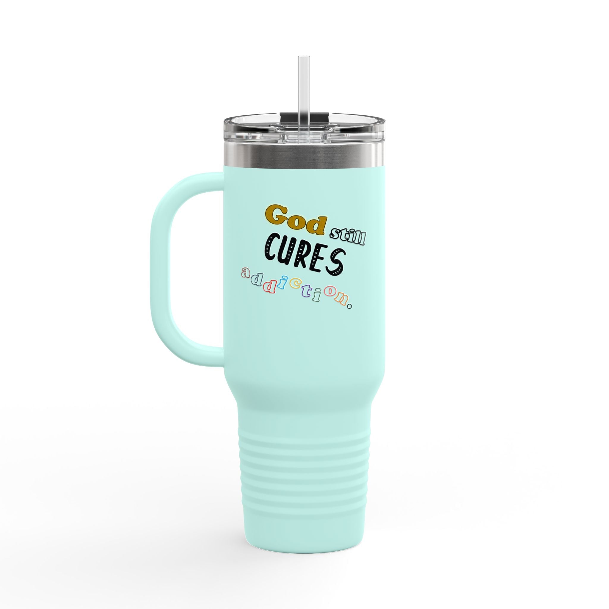 40oz Insulated Travel Mug – "God Sees, Cures, and Loves" Inspirational Tumbler