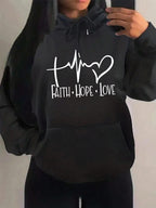 Graphic Designed Pull-Over with Faith Hope Love Women Hoodie String Tie