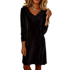 Elegant Solid Color Swing Collar Long Sleeved Velvet Dress Temperament Gentle Skirts For Women Cocktail Party Formal Dresses