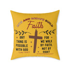 Christian Cross Scripture Yellow Throw Pillow — 2 Corinthians 5:7 & Luke 18:27