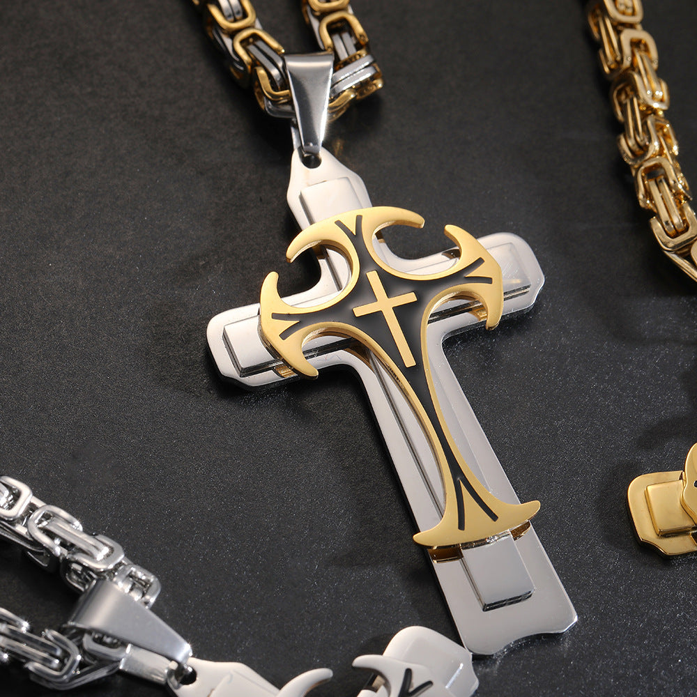 Men Jewelry Christian Trinity Latin Cross Necklace  Stainless Steel Three Layers Cross Pendants Necklaces Jewelry Gift