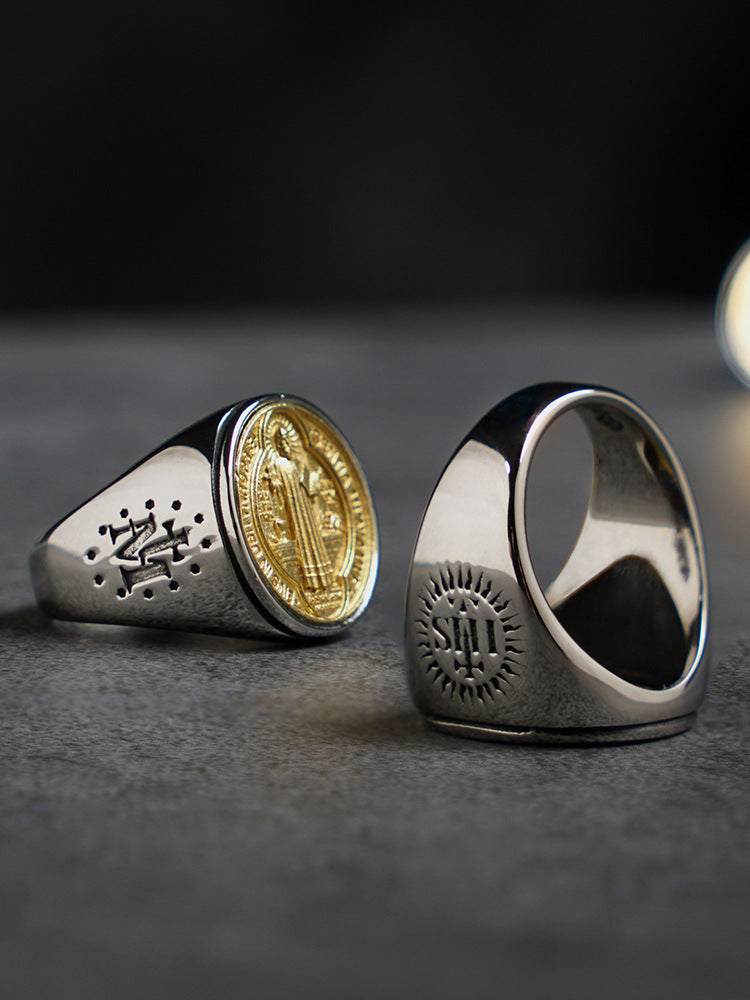 Christian Order Of  Benedict In Titanium And Bronze Ring