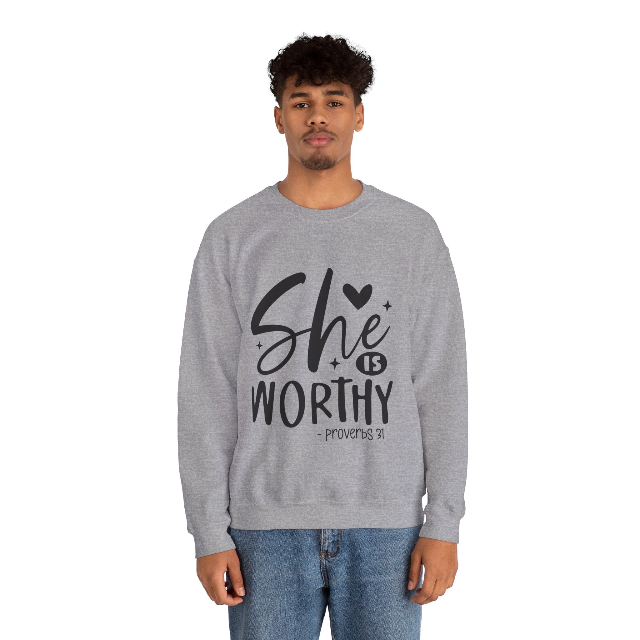 She is Worthy Proverbs Sweatshirt Unisex Curved Neck Fleece Crewneck Long Sleeve