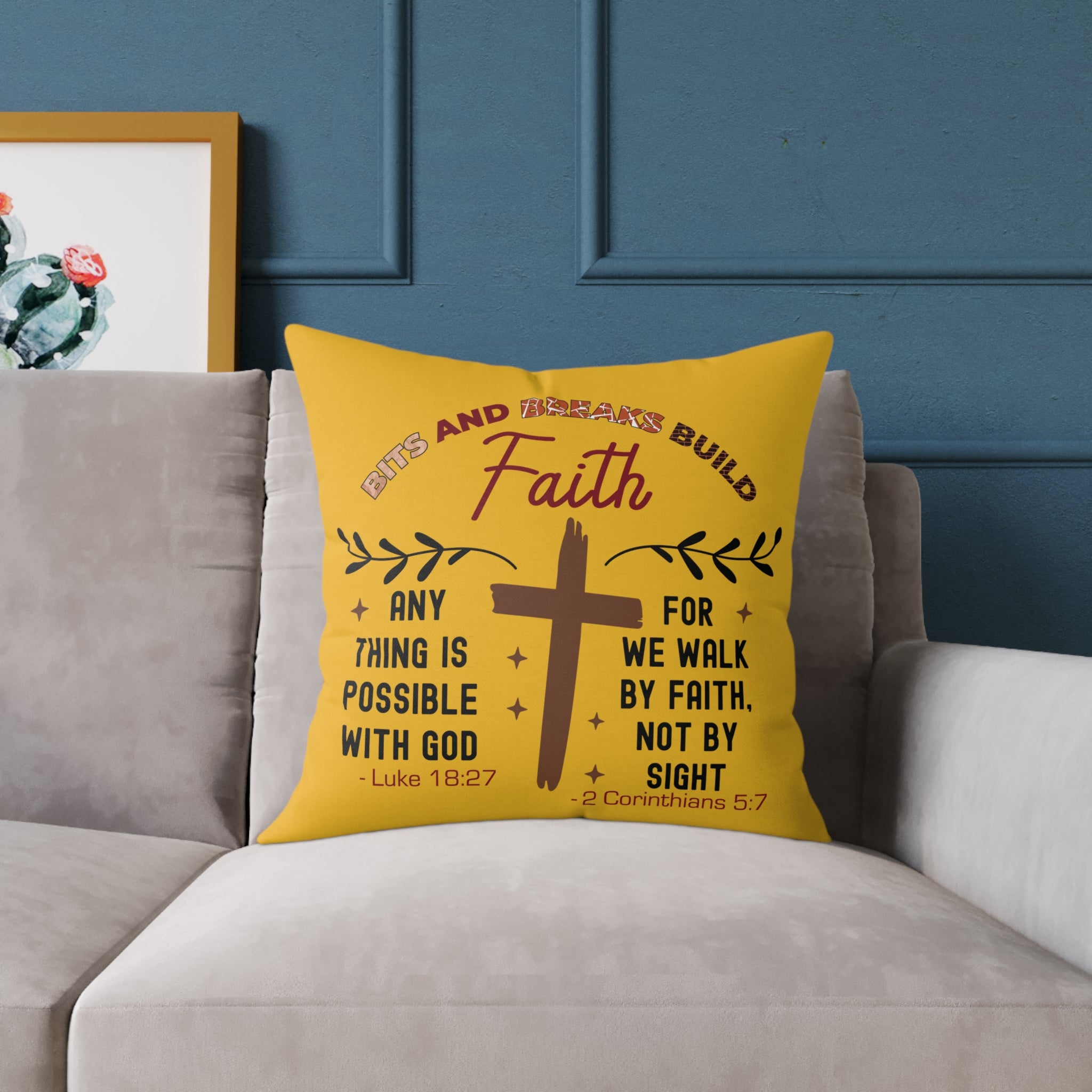 Christian Cross Scripture Yellow Throw Pillow — 2 Corinthians 5:7 & Luke 18:27