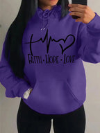 Graphic Designed Pull-Over with Faith Hope Love Women Hoodie String Tie
