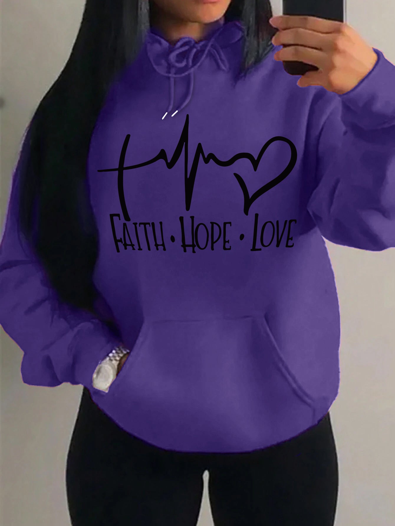 Graphic Designed Pull-Over with Faith Hope Love Women Hoodie String Tie