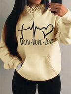 Graphic Designed Pull-Over with Faith Hope Love Women Hoodie String Tie
