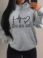 Graphic Designed Pull-Over with Faith Hope Love Women Hoodie String Tie