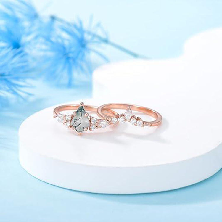Natural Green Moss Agate Ring Set 2pcs - Women's Personalized Jewelry | ST VON'S FLAIR