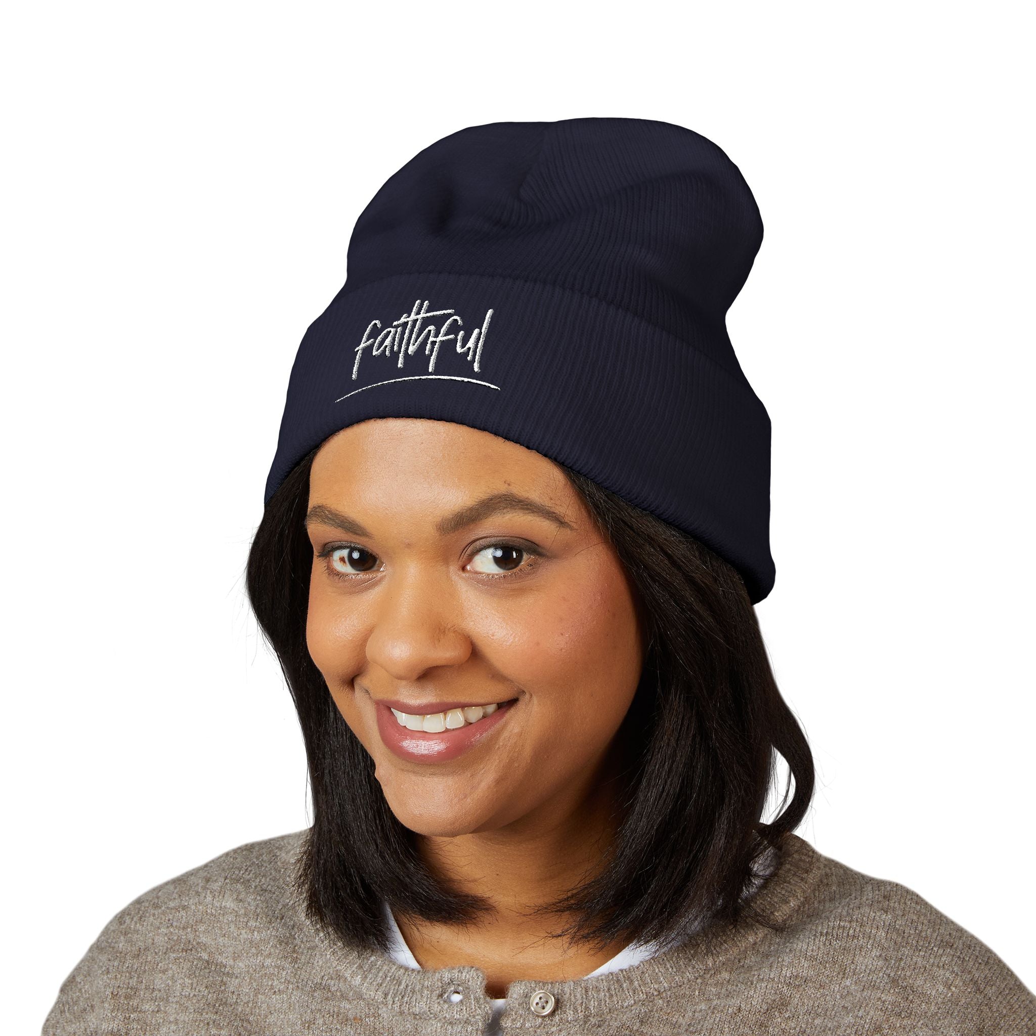 Embroidered Faithful Cuffed Beanie - Warm Knit Winter Hat