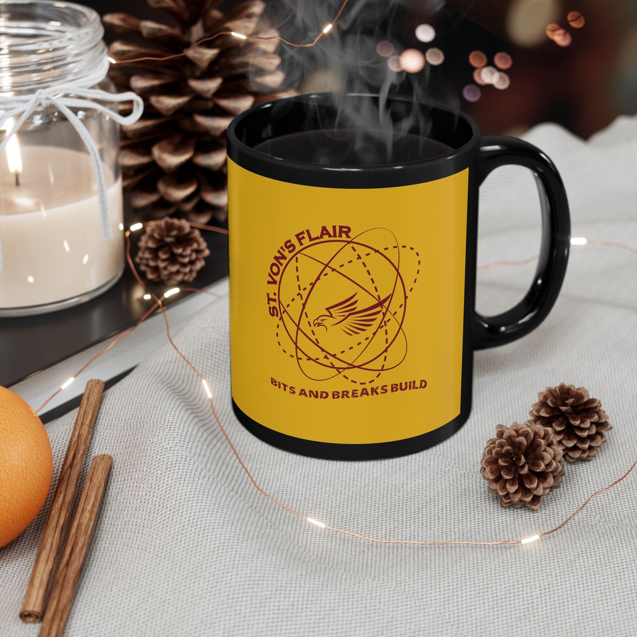 Flying with Warmth Bird 11oz Black Mug Yellow Black