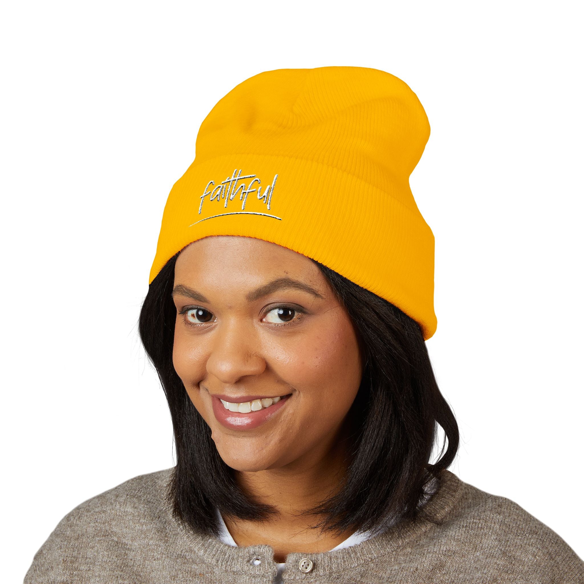Embroidered Faithful Cuffed Beanie - Warm Knit Winter Hat
