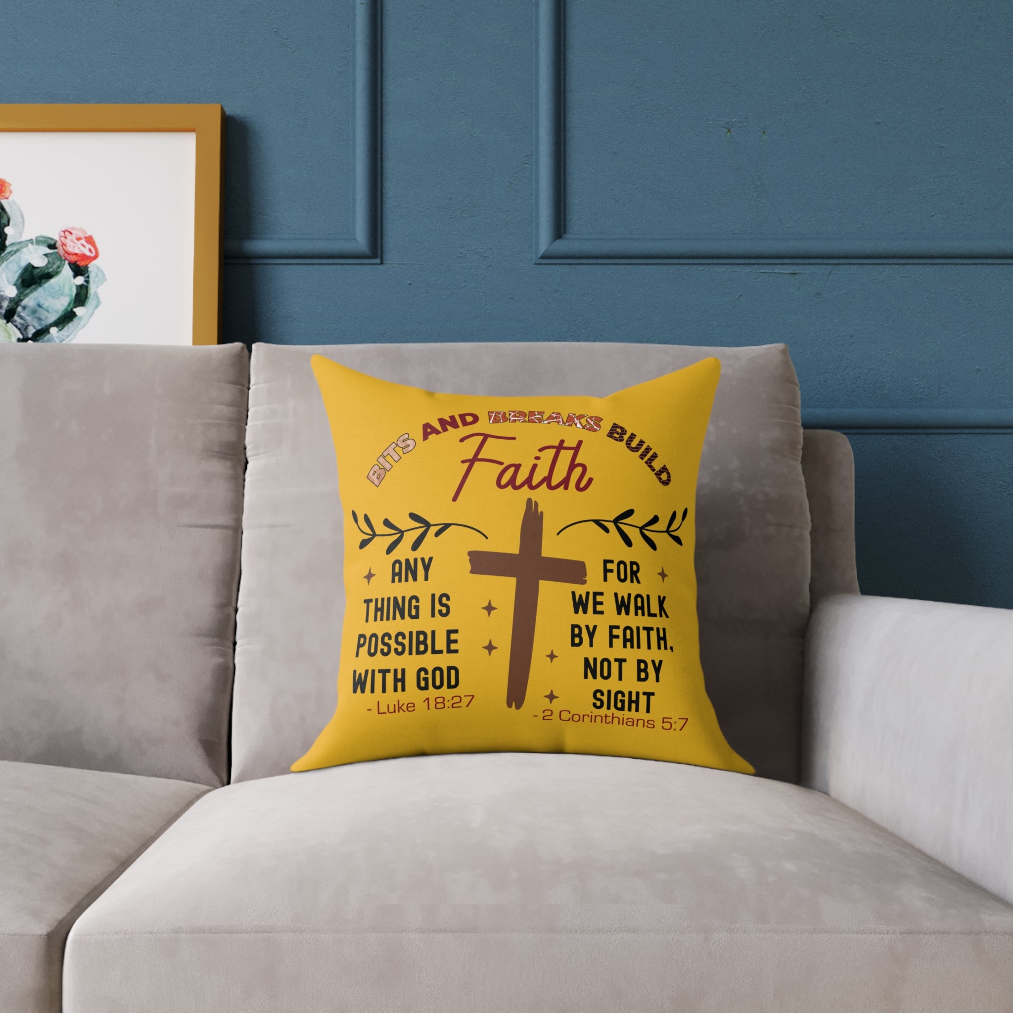 Christian Cross Scripture Yellow Throw Pillow — 2 Corinthians 5:7 & Luke 18:27