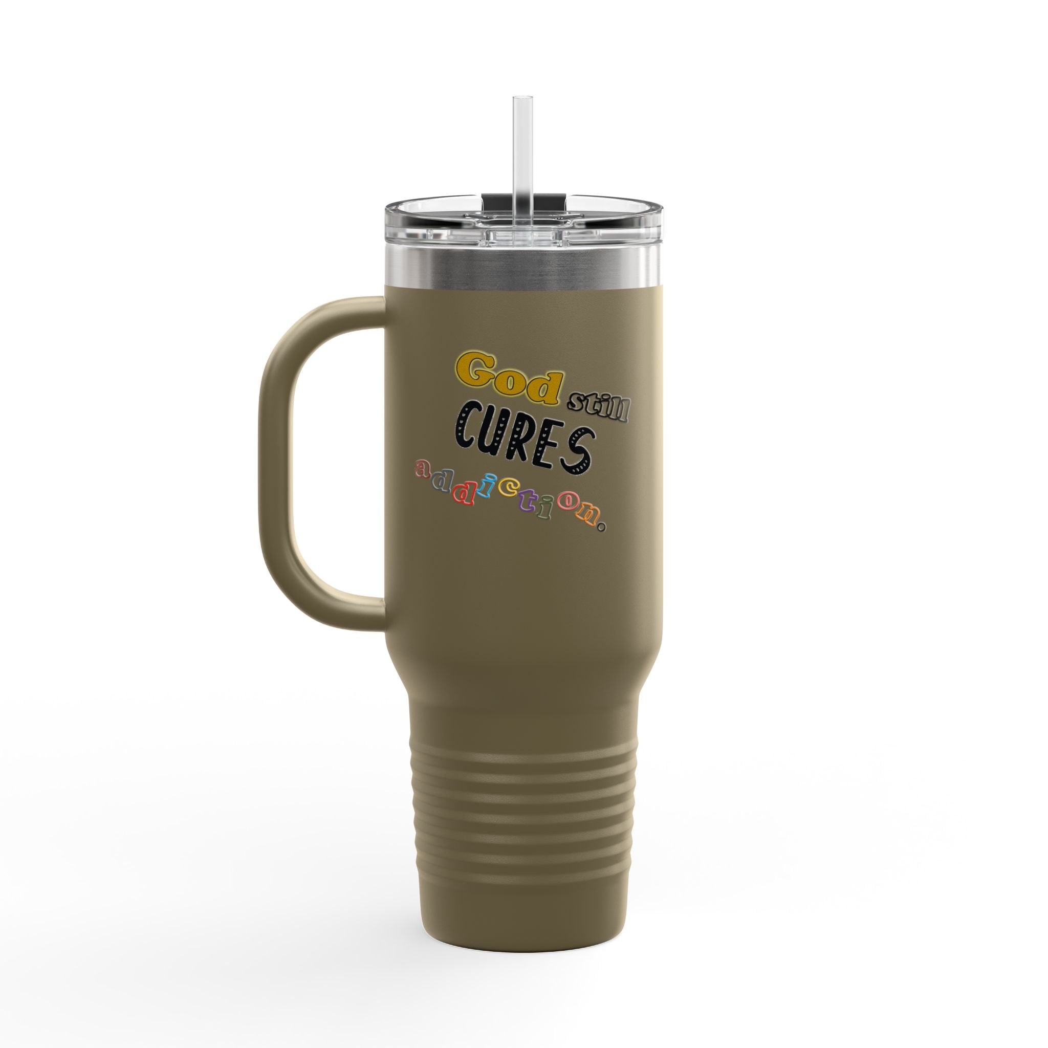 40oz Insulated Travel Mug – "God Sees, Cures, and Loves" Inspirational Tumbler