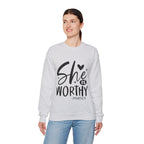 She is Worthy Proverbs Sweatshirt Unisex Curved Neck Fleece Crewneck Long Sleeve