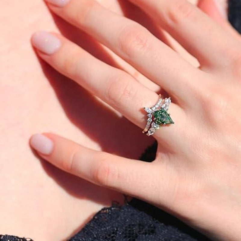 Natural Green Moss Agate Ring Set 2pcs - Women's Personalized Jewelry | ST VON'S FLAIR